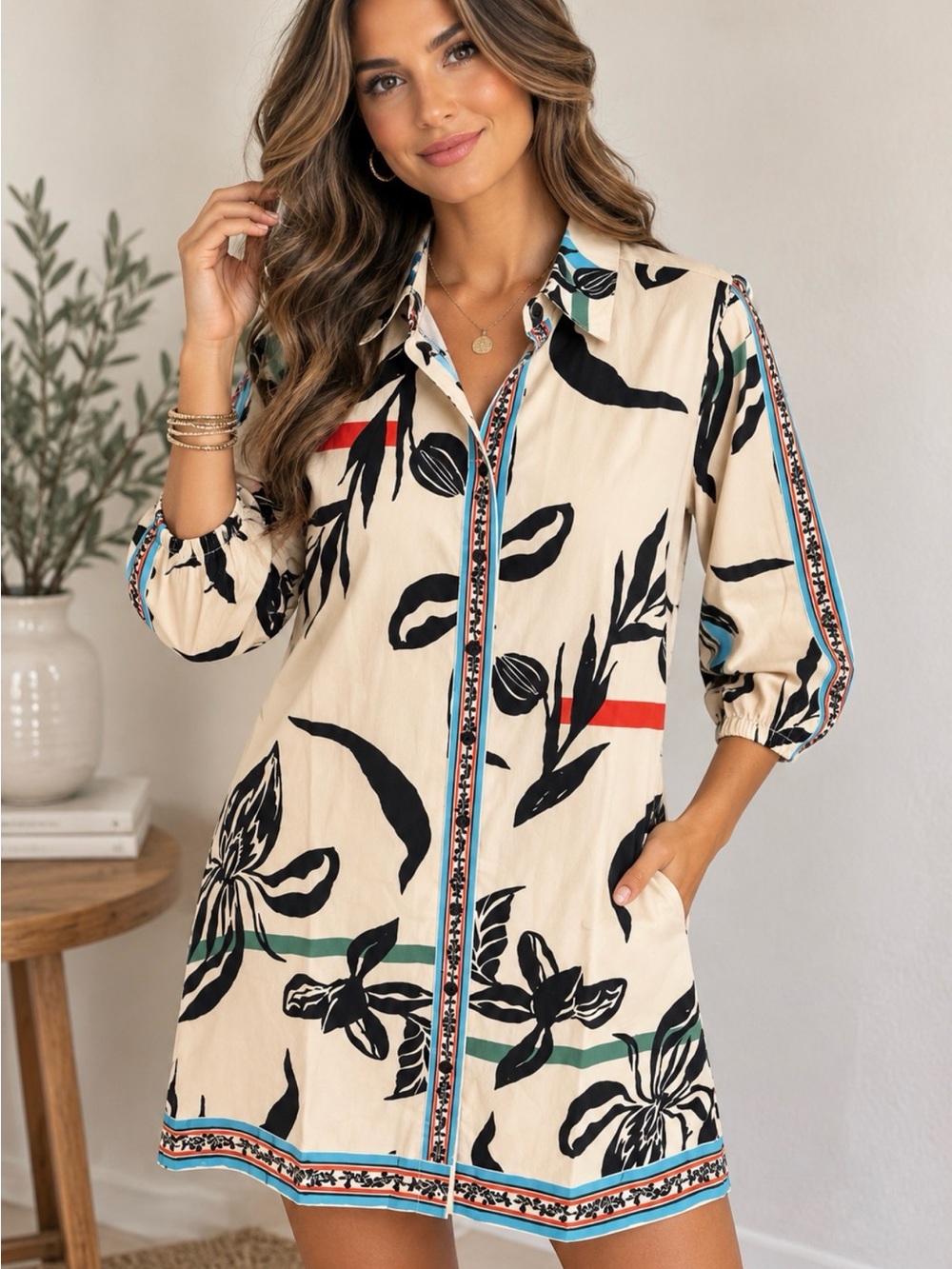 Maude Vivante Floral Botanical Button Front Shirt Dress Tunic Cream NWT Size S